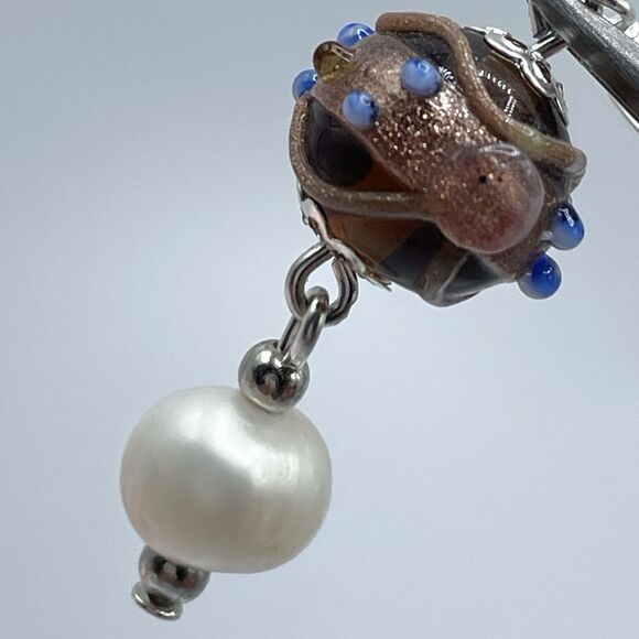 Artisan 925 Sterling Silver Freshwater Pearl Murano Wedding Cake Dangle Earrings - Picture 7 of 7